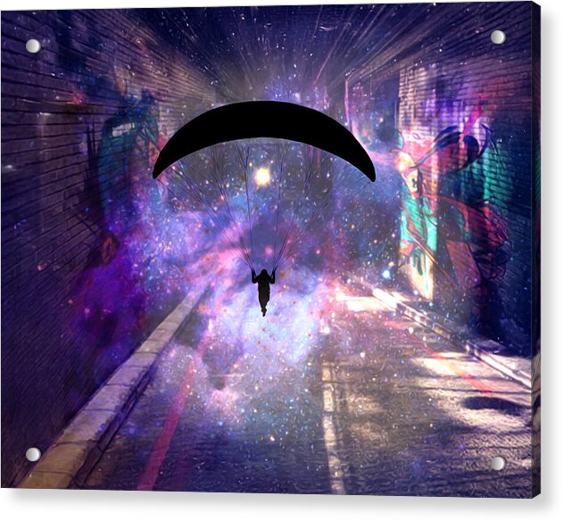Paraglider Paragliding into another Galaxy - Acrylic Print