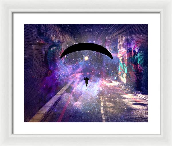 Paraglider Paragliding into another Galaxy - Framed Print