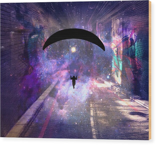 Paraglider Paragliding into another Galaxy - Wood Print
