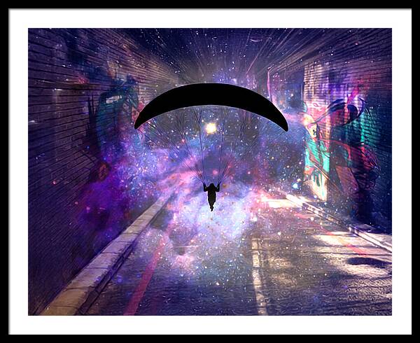 Paraglider Paragliding into another Galaxy - Framed Print