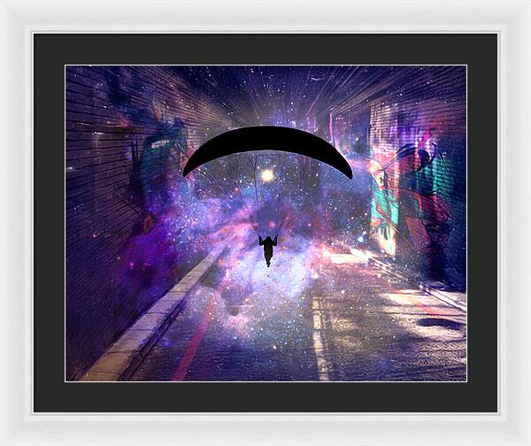 Paraglider Paragliding into another Galaxy - Framed Print