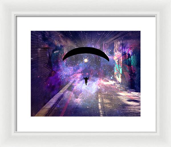 Paraglider Paragliding into another Galaxy - Framed Print