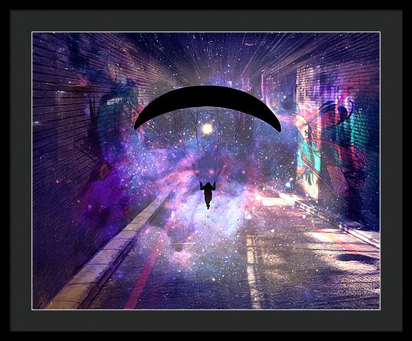 Paraglider Paragliding into another Galaxy - Framed Print