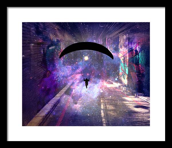 Paraglider Paragliding into another Galaxy - Framed Print