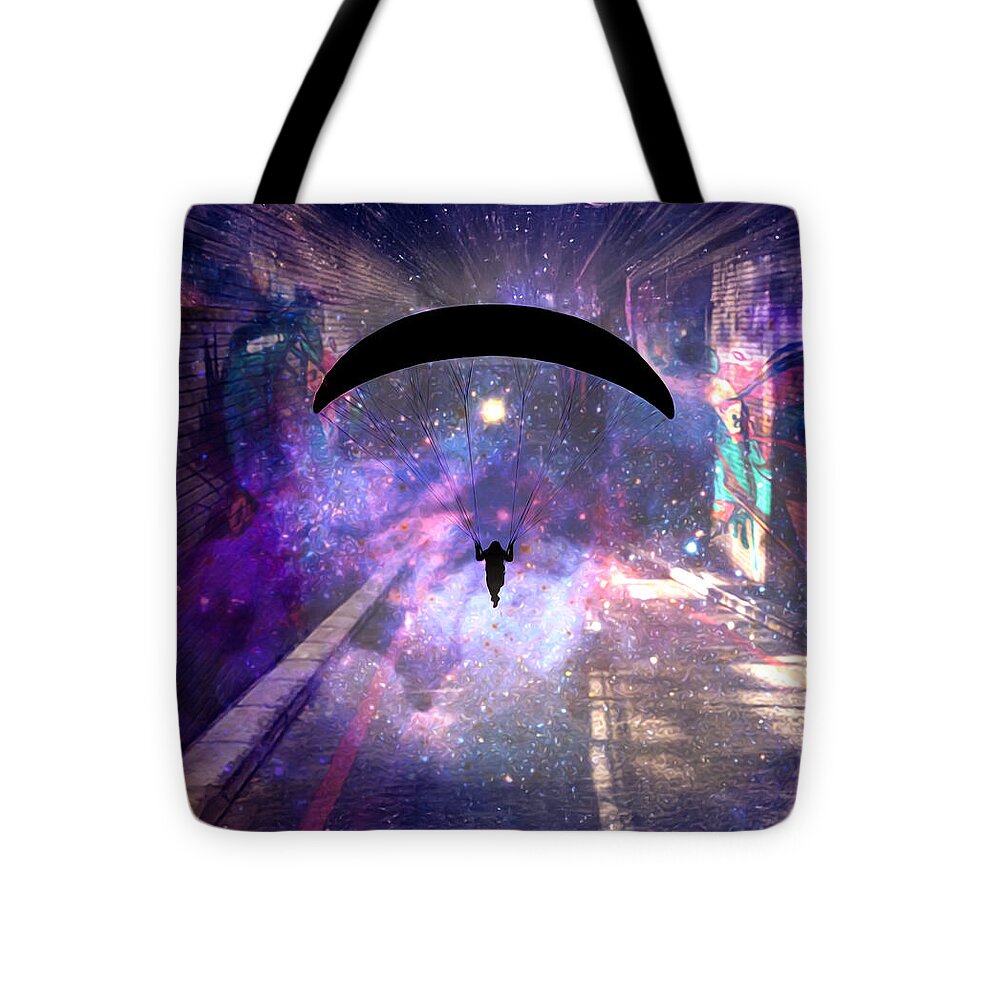 Paraglider Paragliding into another Galaxy - Tote Bag