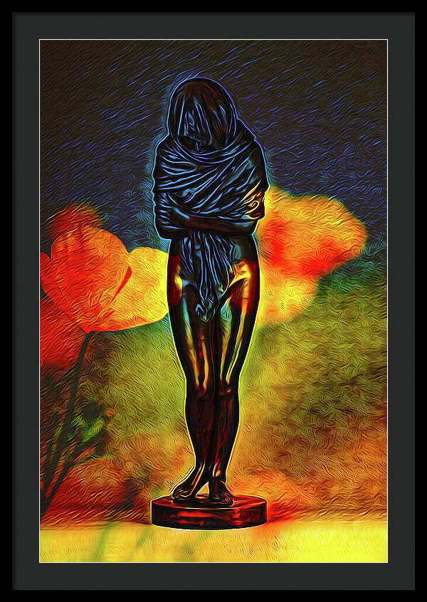 Poppy Flowers and Statue - Framed Print