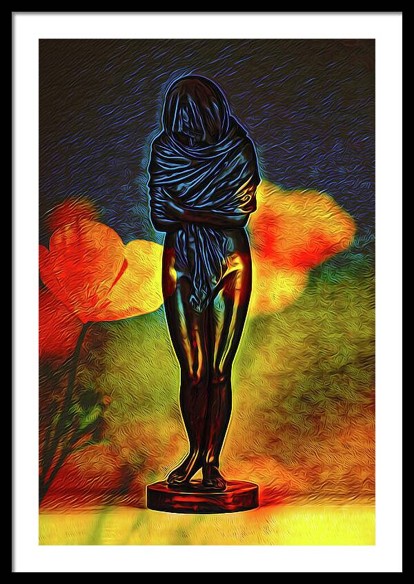 Poppy Flowers and Statue - Framed Print