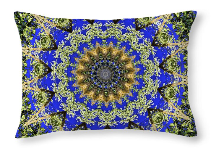 Royal Blue and Green Pattern Fragments Mandala - Throw Pillow