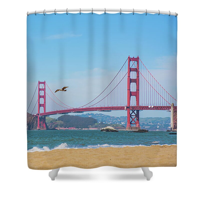 Seagull flying over Golden Gate Bridge - Shower Curtain