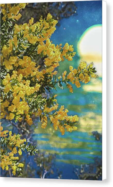 Yellow Flowers and Glowing Moon Landscape - Canvas Print