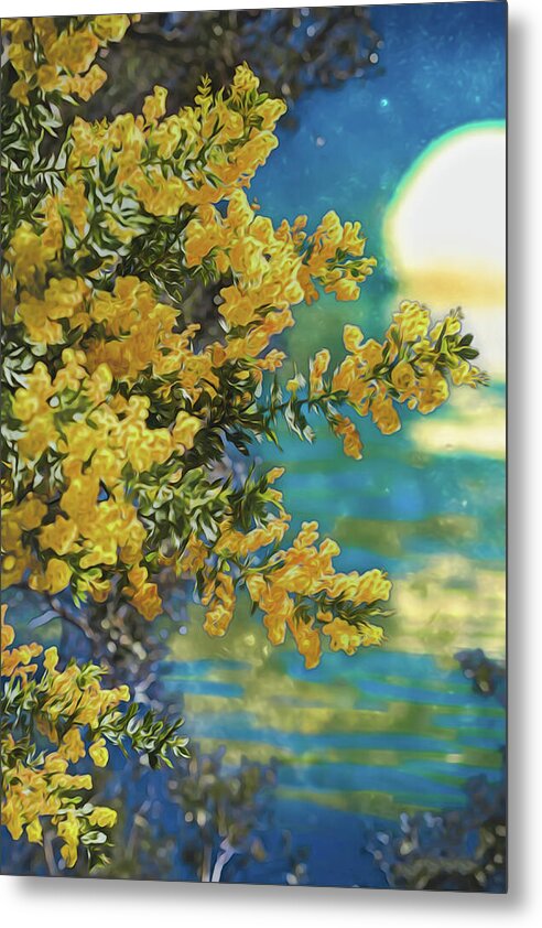 Yellow Flowers and Glowing Moon Landscape - Metal Print