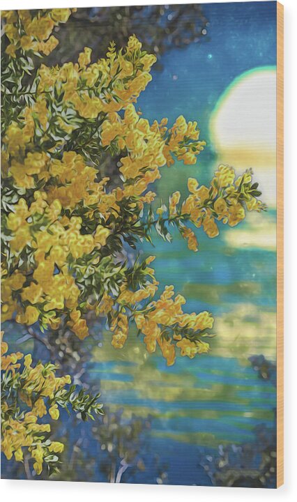 Yellow Flowers and Glowing Moon Landscape - Wood Print
