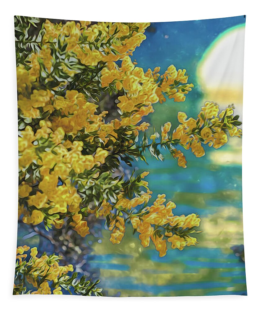Yellow Flowers and Glowing Moon Landscape - Tapestry