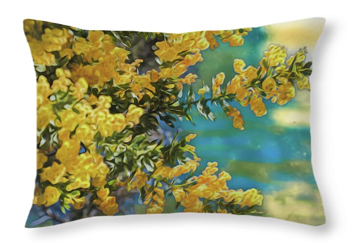 Yellow Flowers and Glowing Moon Landscape - Throw Pillow