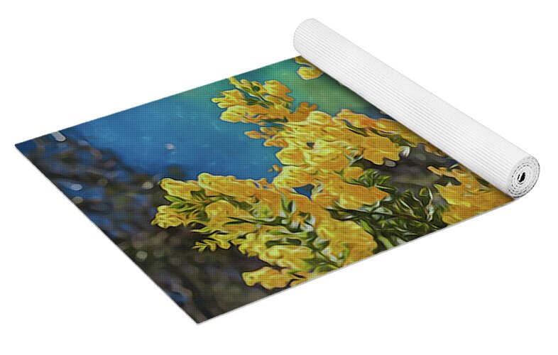 Yellow Flowers and Glowing Moon Landscape - Yoga Mat