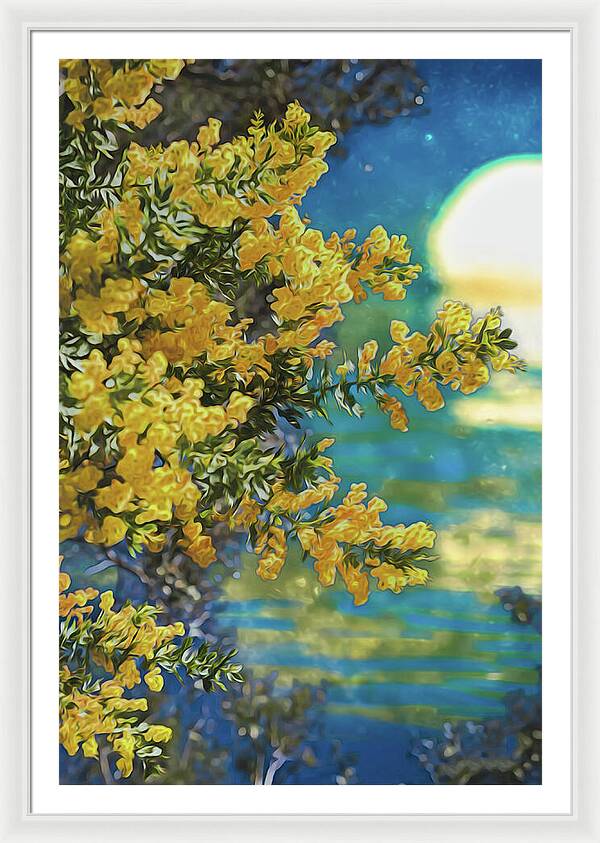 Yellow Flowers and Glowing Moon Landscape - Framed Print