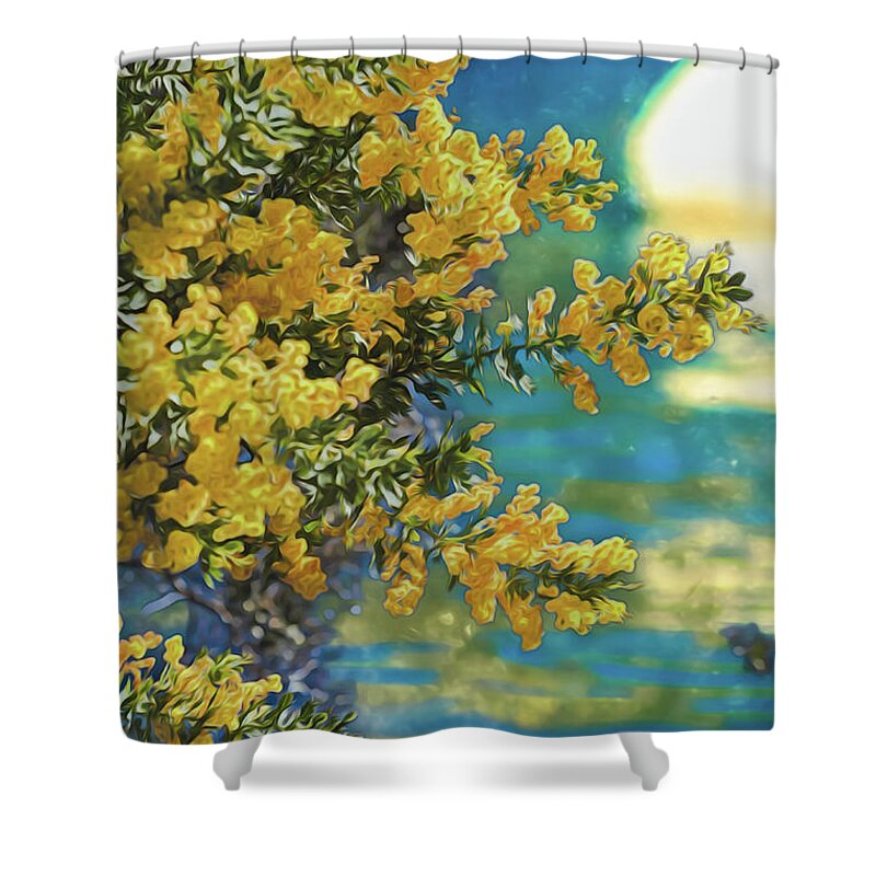 Yellow Flowers and Glowing Moon Landscape - Shower Curtain