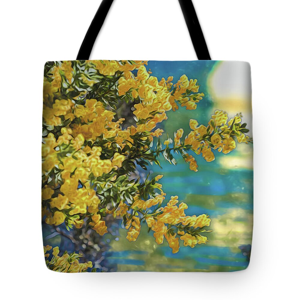Yellow Flowers and Glowing Moon Landscape - Tote Bag