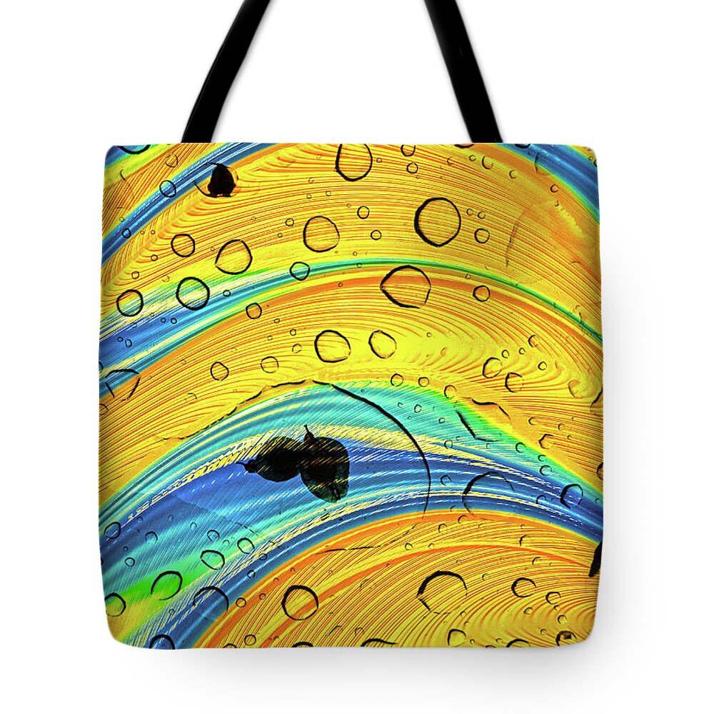Yellows and Blues Water Droplets and Leaves - Tote Bag
