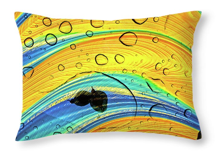 Yellows and Blues Water Droplets and Leaves - Throw Pillow
