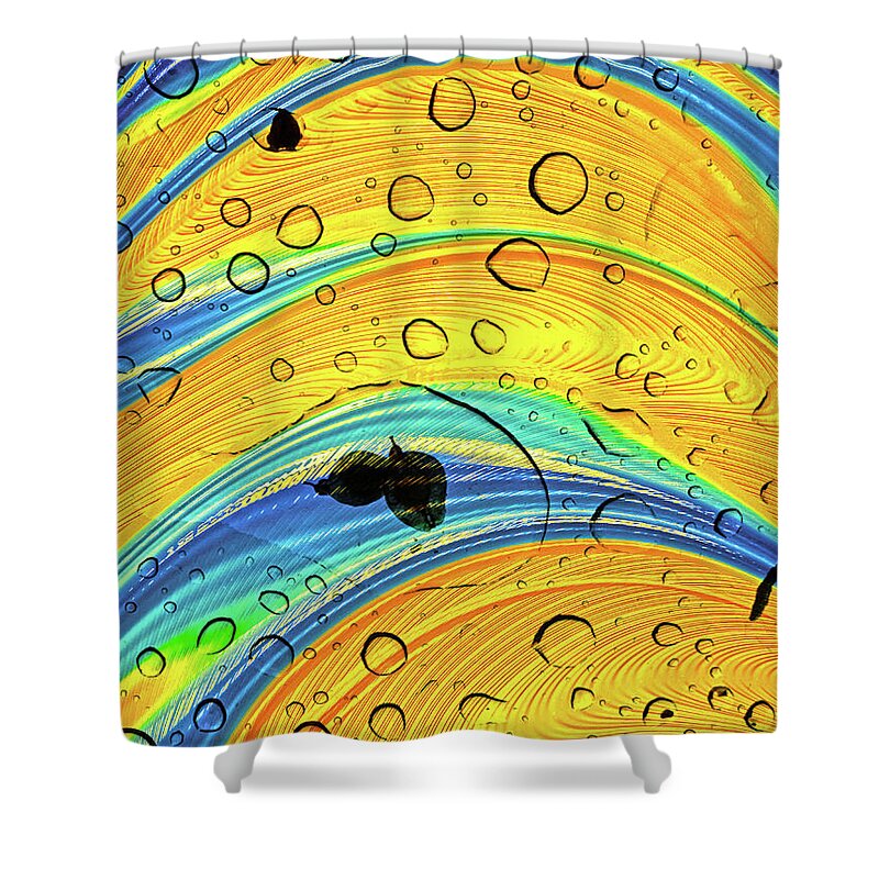 Yellows and Blues Water Droplets and Leaves - Shower Curtain