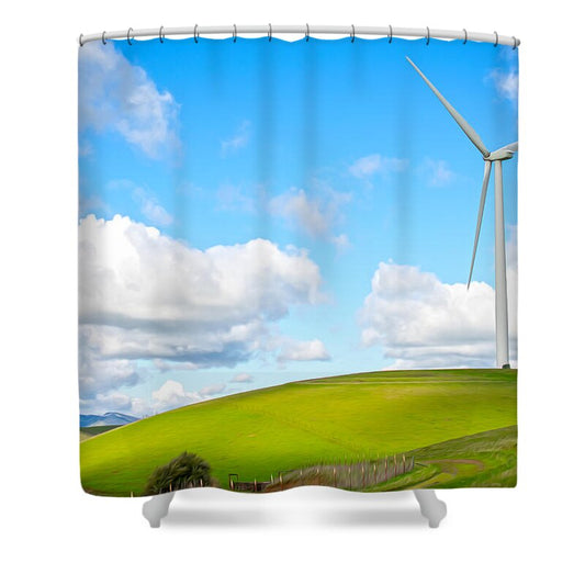 Clouds Over the Hills and Turbines 1 - Shower Curtain