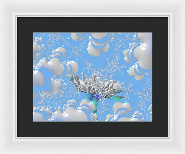 White Flowers with Bubbly Whites, Teals and Blues 1 - Framed Print