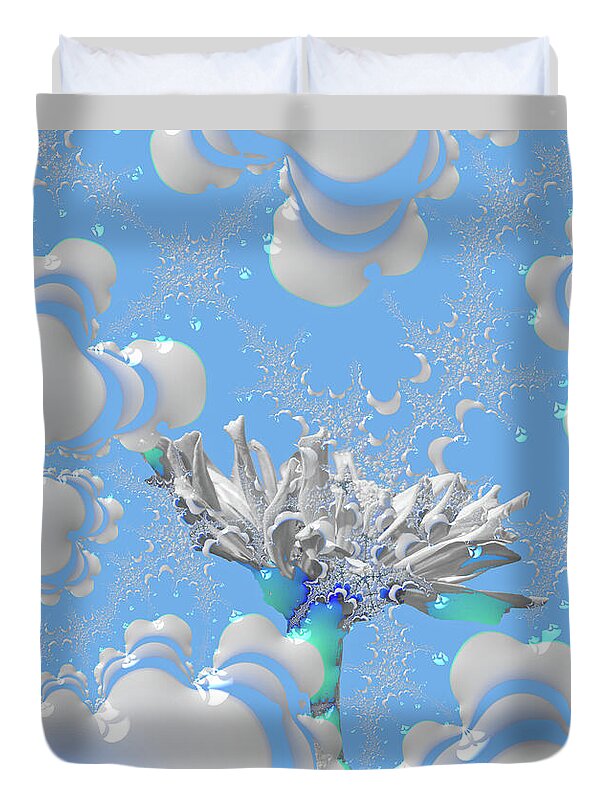 White Flowers with Bubbly Whites, Teals and Blues 1 - Duvet Cover