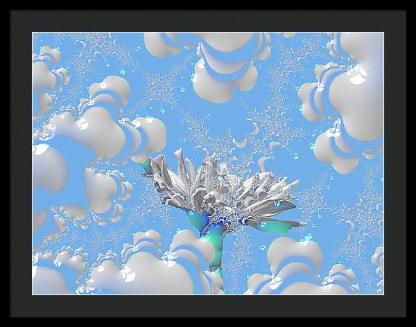 White Flowers with Bubbly Whites, Teals and Blues 1 - Framed Print