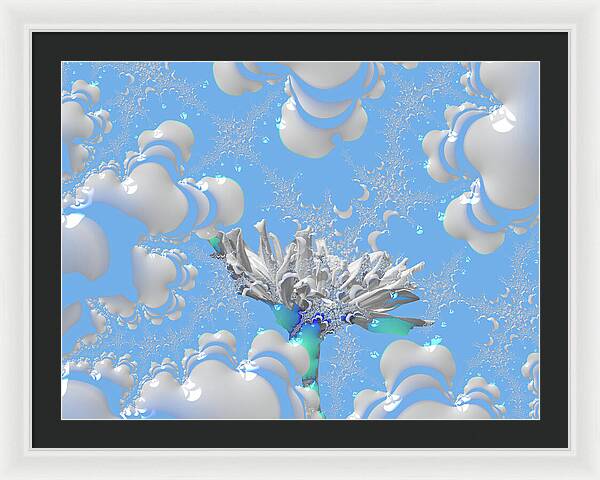 White Flowers with Bubbly Whites, Teals and Blues 1 - Framed Print