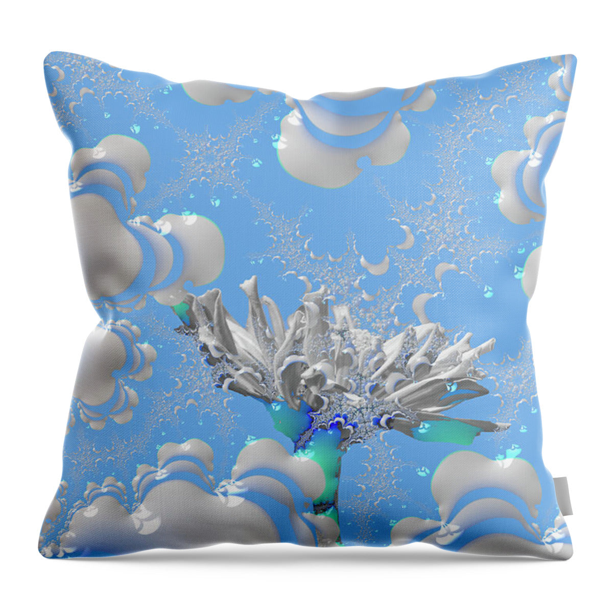 White Flowers with Bubbly Whites, Teals and Blues 1 - Throw Pillow
