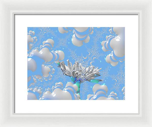 White Flowers with Bubbly Whites, Teals and Blues 1 - Framed Print