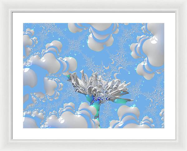 White Flowers with Bubbly Whites, Teals and Blues 1 - Framed Print