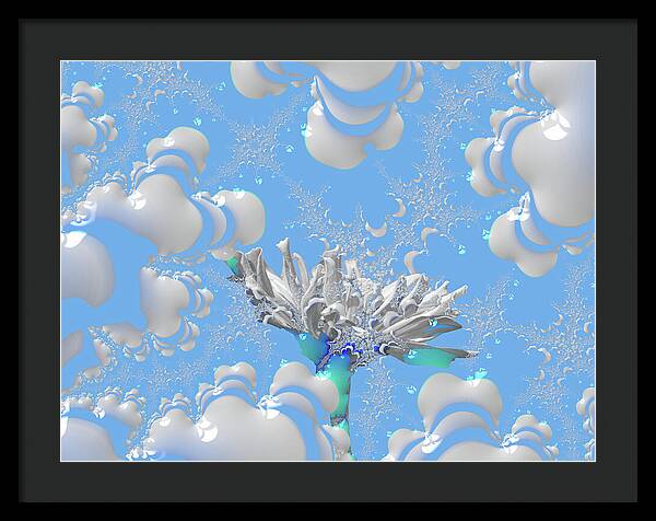White Flowers with Bubbly Whites, Teals and Blues 1 - Framed Print