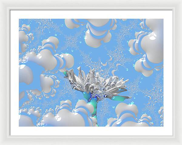 White Flowers with Bubbly Whites, Teals and Blues 1 - Framed Print