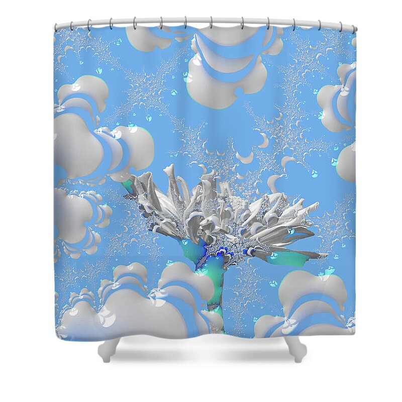 White Flowers with Bubbly Whites, Teals and Blues 1 - Shower Curtain
