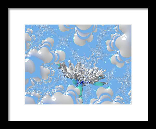 White Flowers with Bubbly Whites, Teals and Blues 1 - Framed Print