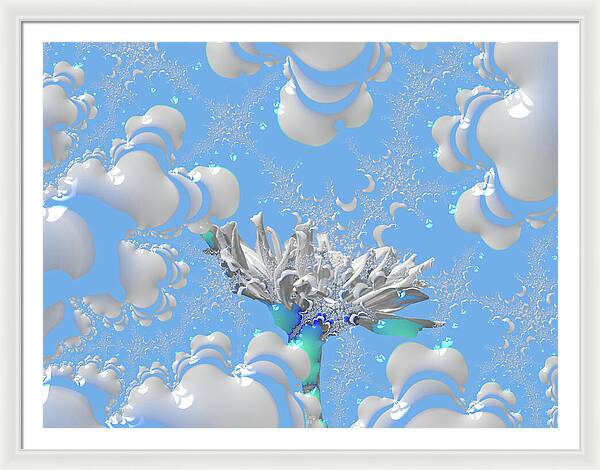 White Flowers with Bubbly Whites, Teals and Blues 1 - Framed Print
