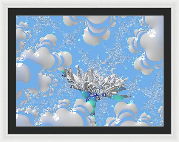 White Flowers with Bubbly Whites, Teals and Blues 1 - Framed Print