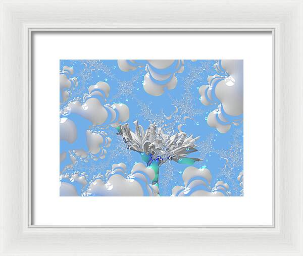 White Flowers with Bubbly Whites, Teals and Blues 1 - Framed Print