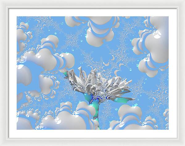 White Flowers with Bubbly Whites, Teals and Blues 1 - Framed Print