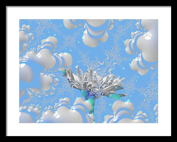 White Flowers with Bubbly Whites, Teals and Blues 1 - Framed Print