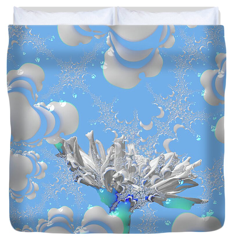 White Flowers with Bubbly Whites, Teals and Blues 1 - Duvet Cover