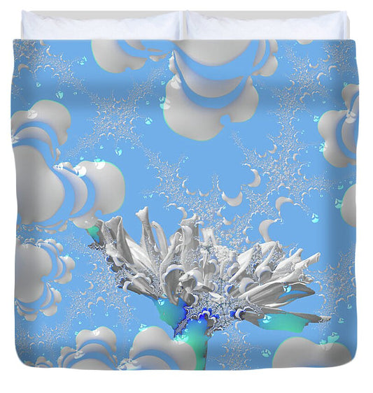 White Flowers with Bubbly Whites, Teals and Blues 1 - Duvet Cover