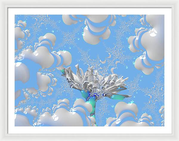 White Flowers with Bubbly Whites, Teals and Blues 1 - Framed Print