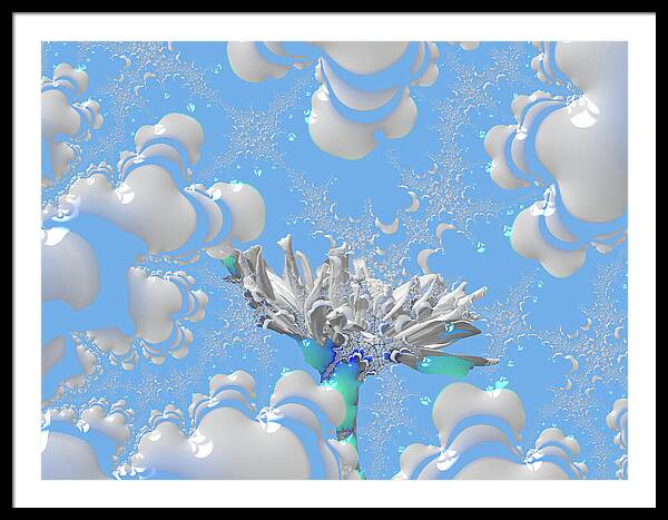 White Flowers with Bubbly Whites, Teals and Blues 1 - Framed Print