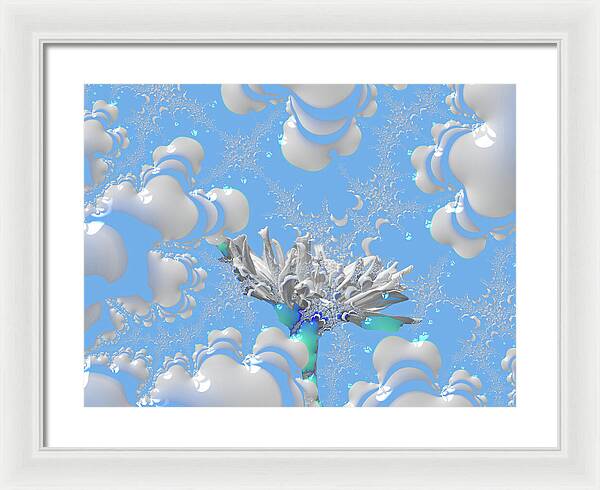 White Flowers with Bubbly Whites, Teals and Blues 1 - Framed Print