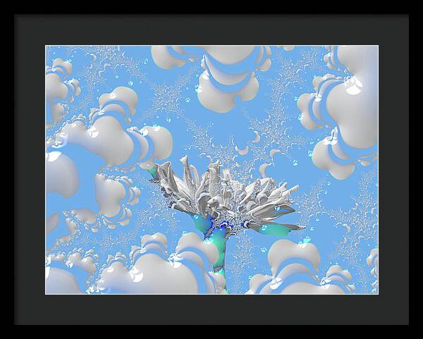 White Flowers with Bubbly Whites, Teals and Blues 1 - Framed Print