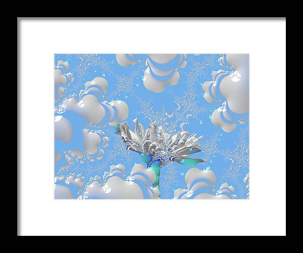 White Flowers with Bubbly Whites, Teals and Blues 1 - Framed Print