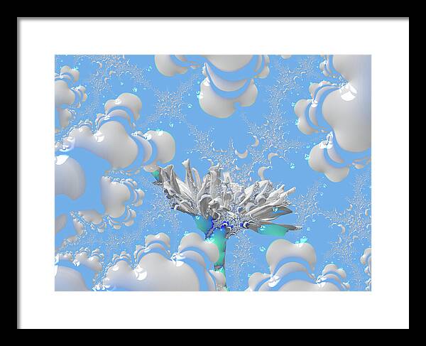White Flowers with Bubbly Whites, Teals and Blues 1 - Framed Print